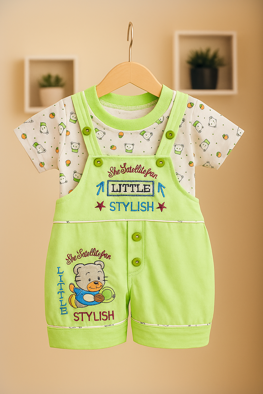 Stylish Bear Embroidered Baby Romper Set