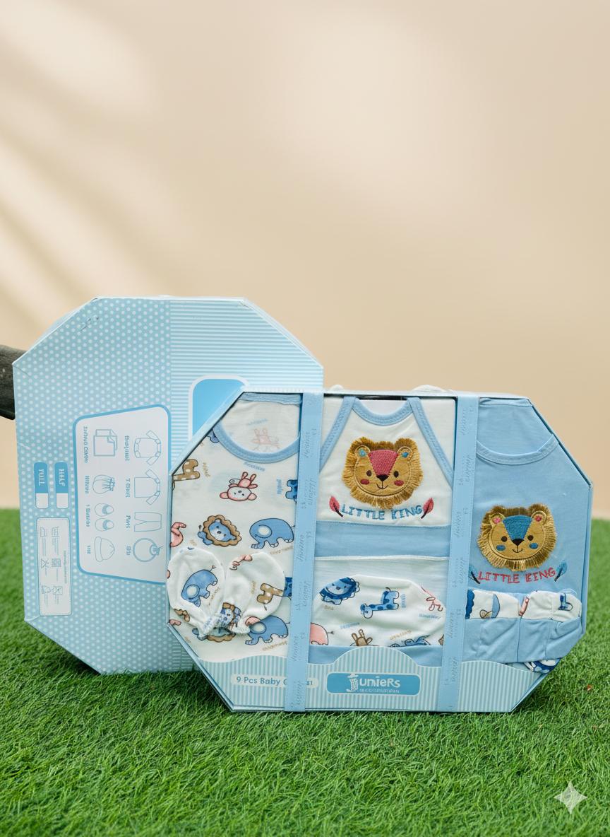 Little King 9 pcs New Born Baby Gift Box With 1 Booties pair | 0-6 Months