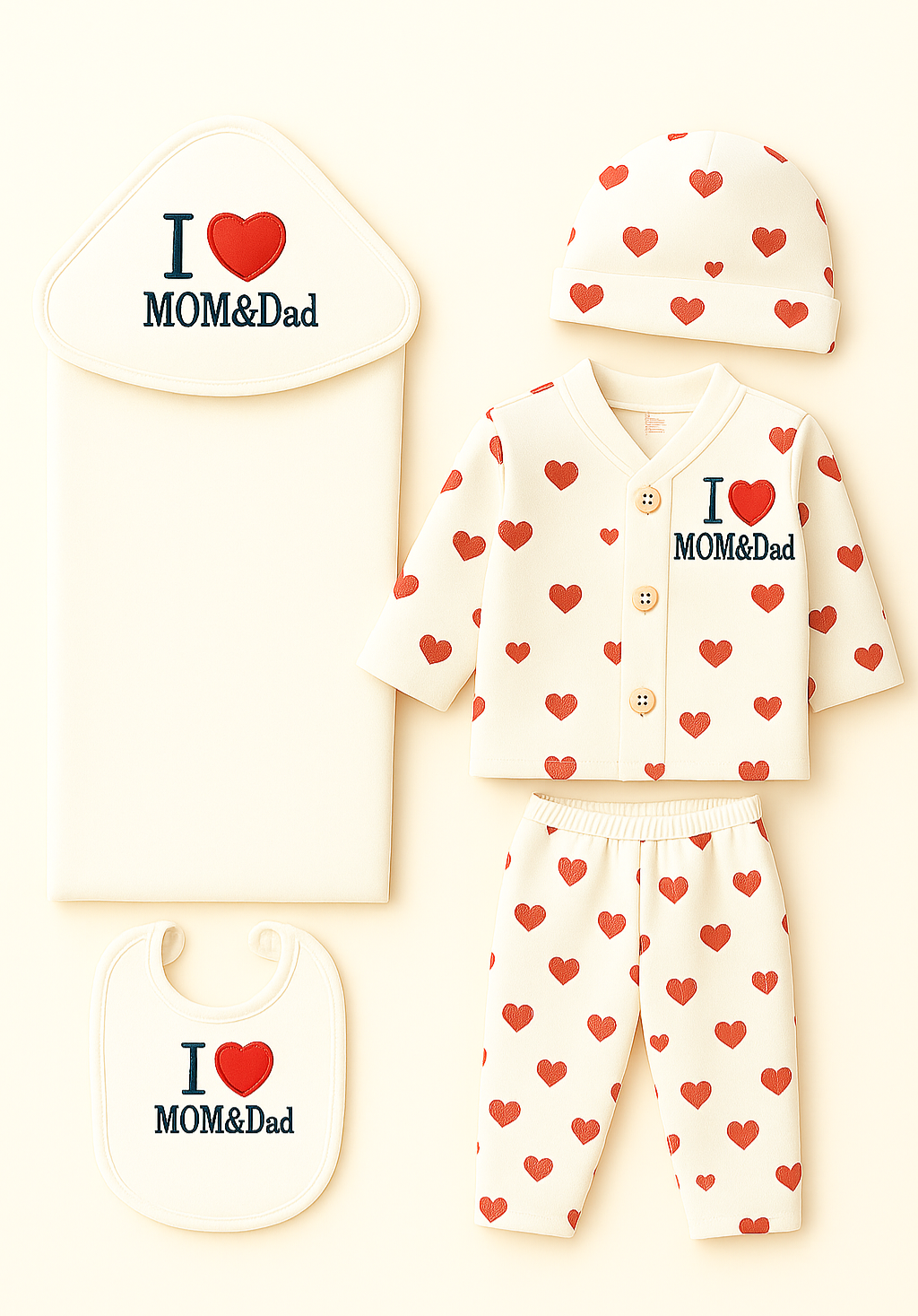5-Piece Newborn Gift Set | 0–3 Months – “I ❤️ MOM & Dad”