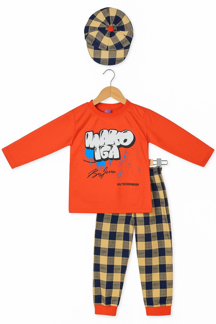 Graffiti Print Shirt & Jogger Set with Matching Cap