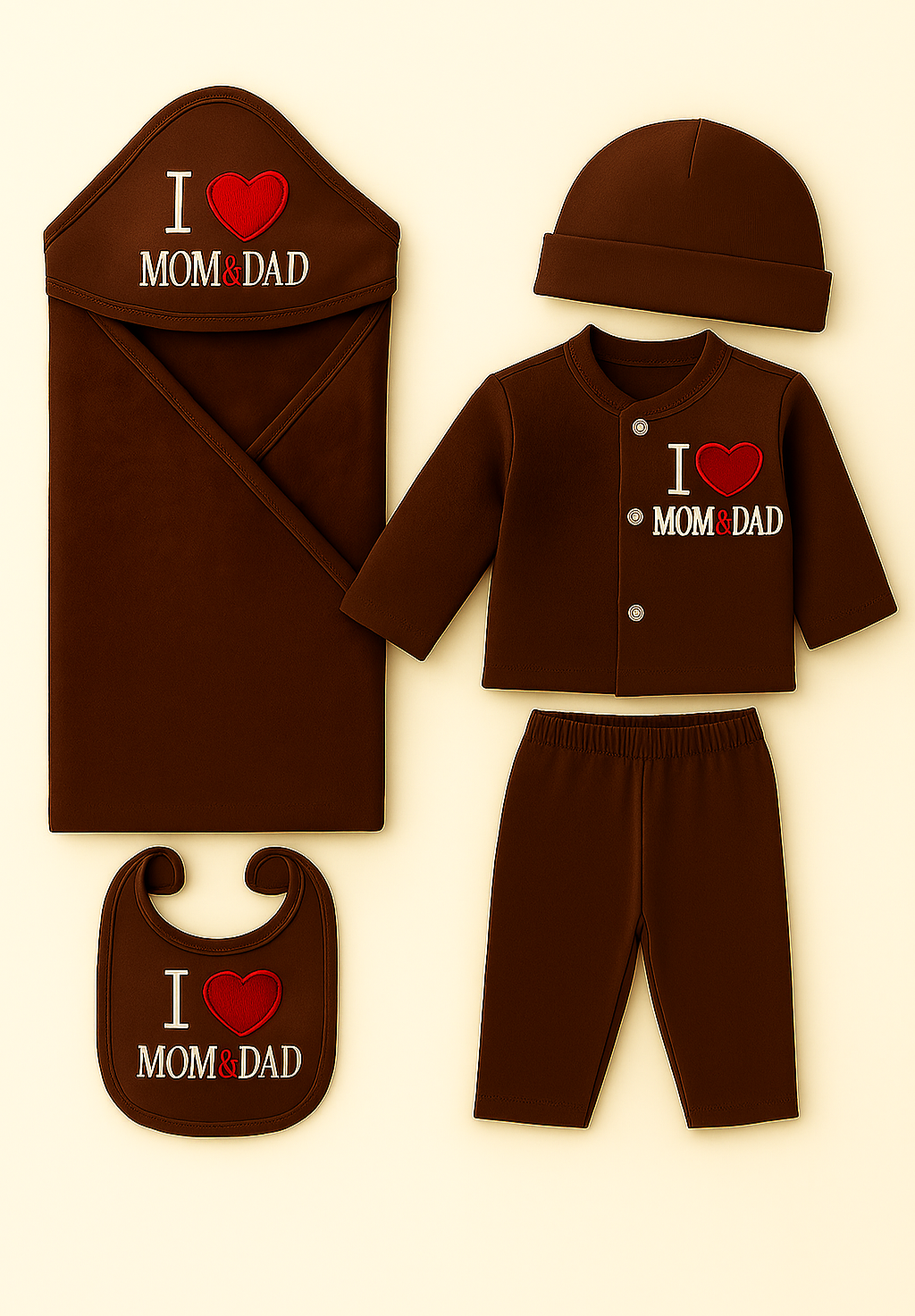 5-Piece Newborn Gift Set | 0–3 Months – “I ❤️ MOM & Dad”