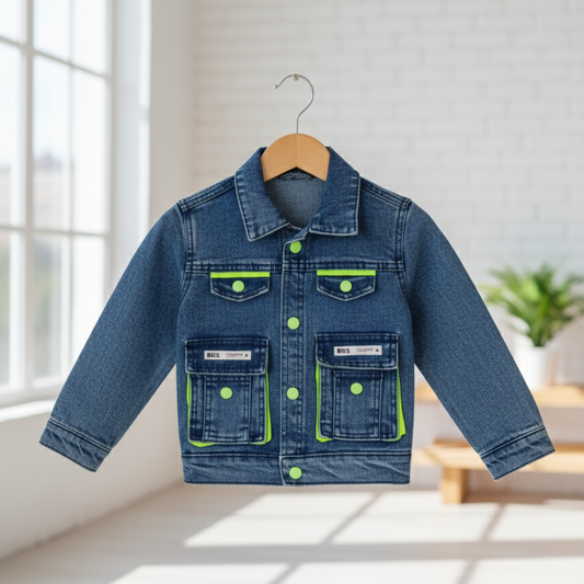 Stylish Denim Jacket for Kids with Multi-Pocket Design and Snap Buttons - Blue