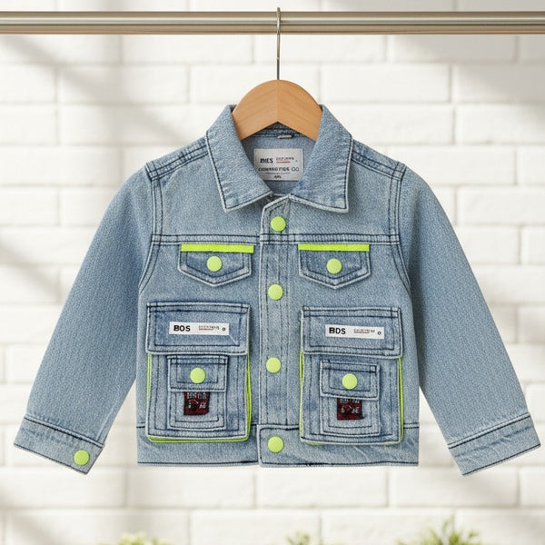 Stylish Denim Jacket for Kids with Multi-Pocket Design and Snap Buttons - Light Blue