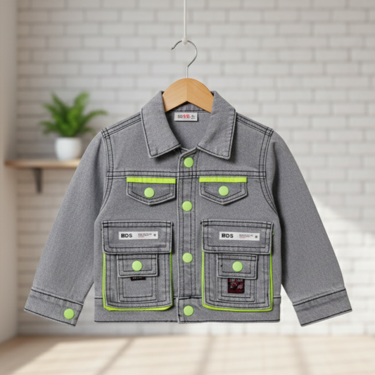 Stylish Denim Jacket for Kids with Multi-Pocket Design and Snap Buttons - Light Gray