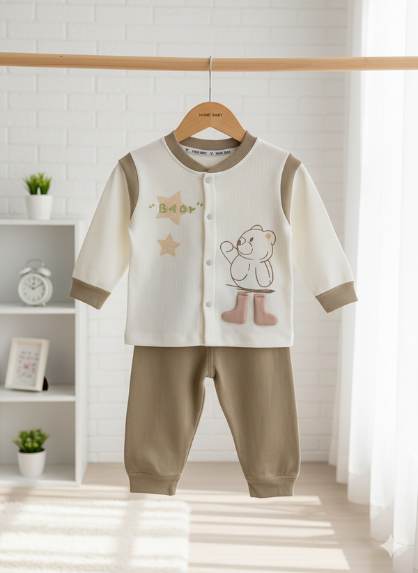 Adorable Bear Baby Pajama Set - Long Sleeve Button-Up Top & Pants | Imported | Winter