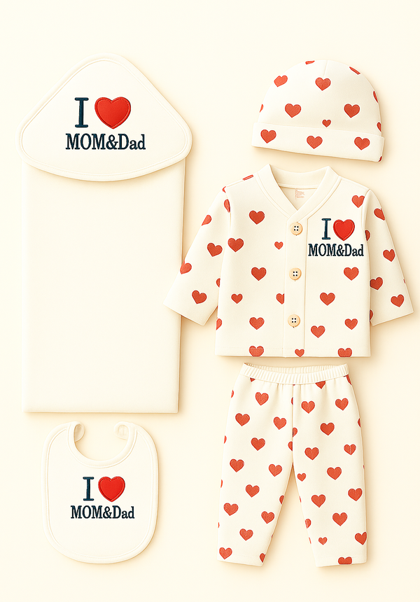 5-Piece Newborn Gift Set | 0–3 Months – “I ❤️ MOM & Dad”