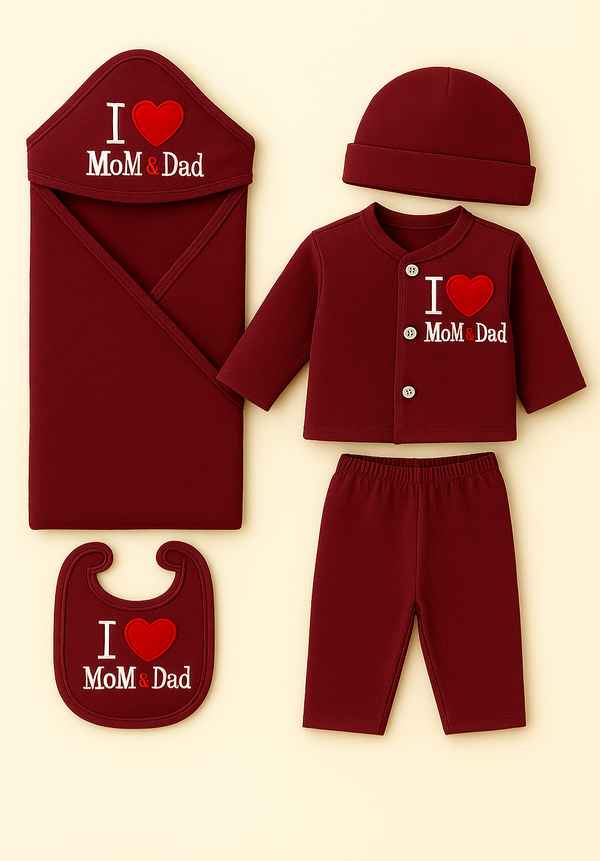 5-Piece Newborn Gift Set | 0–3 Months – “I ❤️ MOM & Dad”