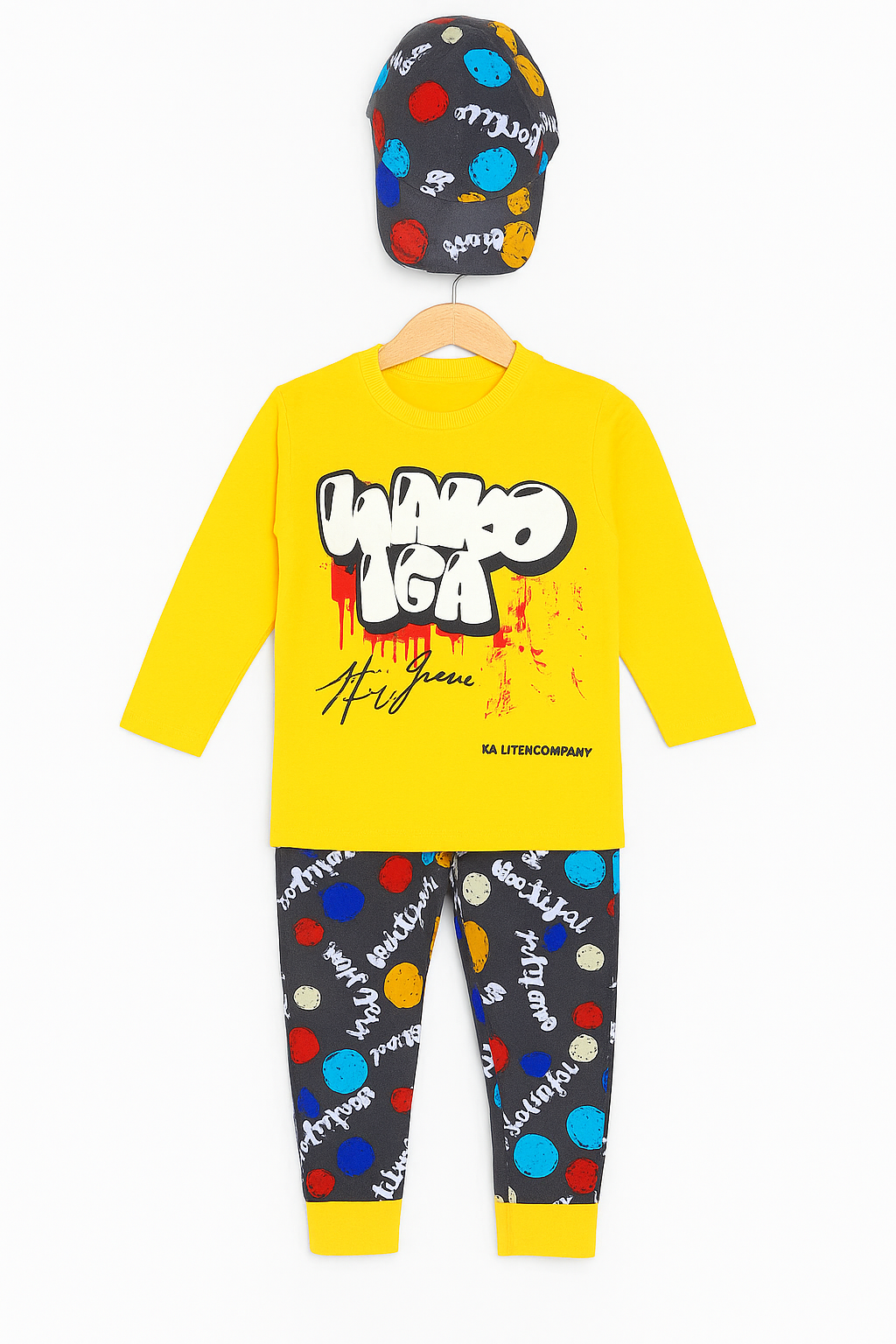 Graffiti Print Shirt & Jogger Set with Matching Cap