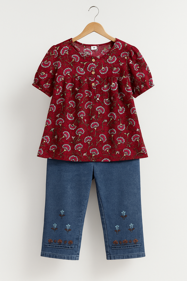 Floral Printed Top & Embroidered Denim Set