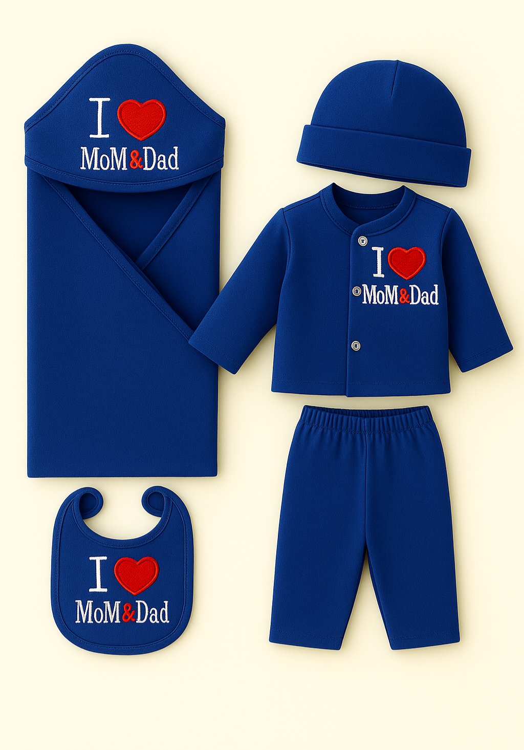 5-Piece Newborn Gift Set | 0–3 Months – “I ❤️ MOM & Dad”