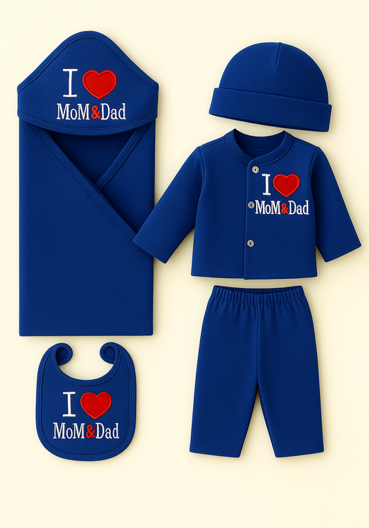 5-Piece Newborn Gift Set | 0–3 Months – “I ❤️ MOM & Dad”
