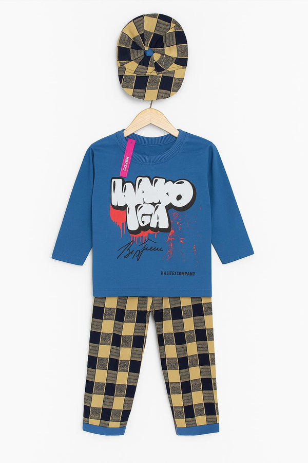 Graffiti Print Shirt & Jogger Set with Matching Cap